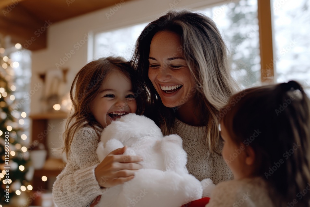 A smiling mother holds her happy children cuddling a plush toy, encapsulating warmth and joy during festive celebrations in a cozy, decorated home. A smiling mother holds her happy children cuddling a plush toy, encapsulating warmth and joy during festive celebrations in a cozy, decorated home.