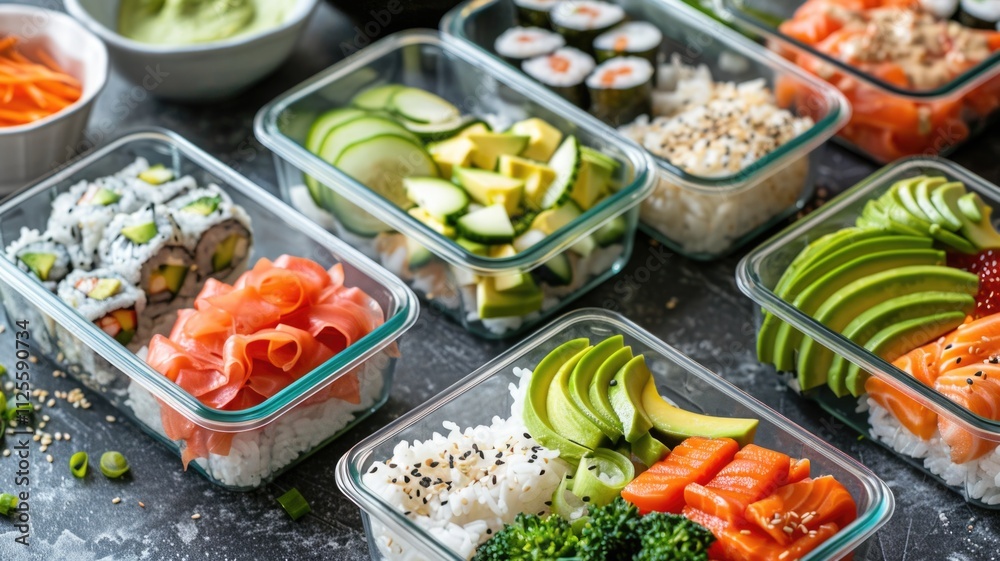 Healthy meal prep with sushi and fresh vegetables in glass containers for a balanced lunch Healthy meal prep with sushi and fresh vegetables in glass containers for a balanced lunch
