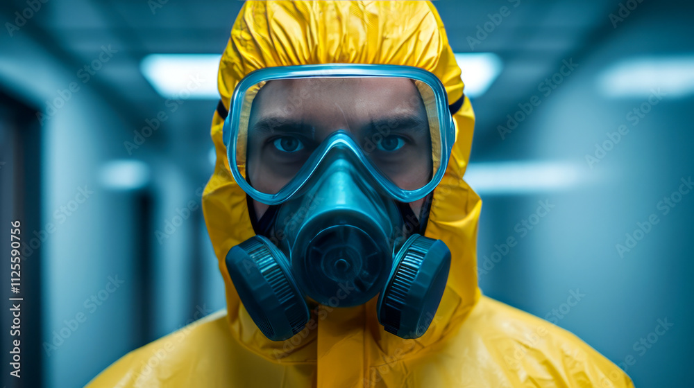 Caucasian young adult male in yellow hazmat suit and gas mask Caucasian young adult male in yellow hazmat suit and gas mask