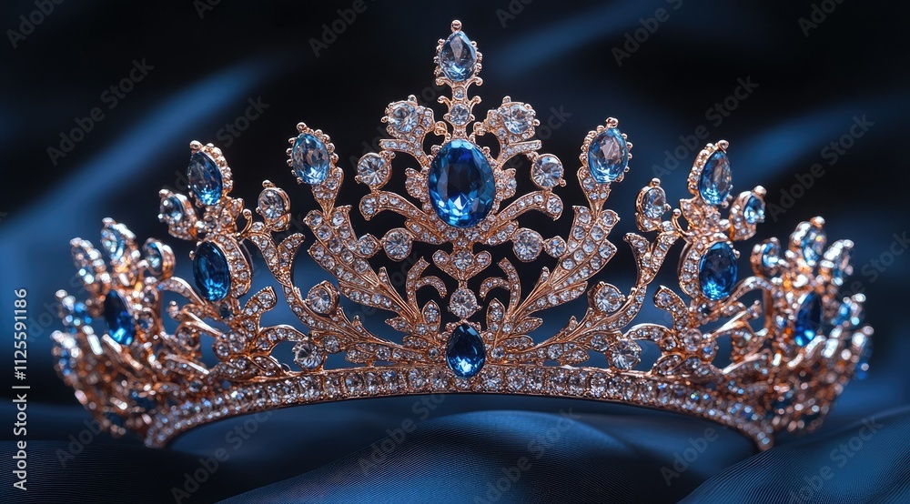 Gold tiara with blue gemstones on dark blue silk. Gold tiara with blue gemstones on dark blue silk.