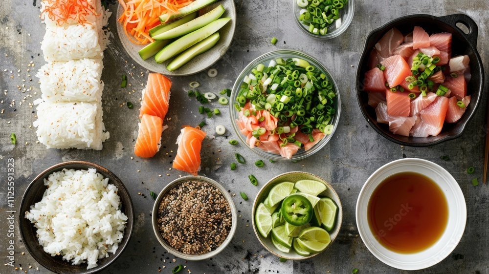 Fresh sushi ingredients and preparation scene with vibrant vegetables and seasonings Fresh sushi ingredients and preparation scene with vibrant vegetables and seasonings