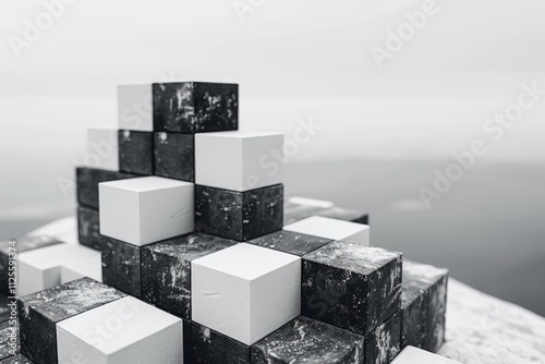 Stack of cubes resting on top of a rock surface, suitable for use in educational or commercial settings photo