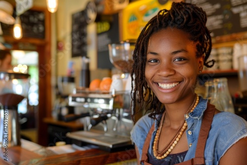 Portrait of a smiling young African American woman in cafe