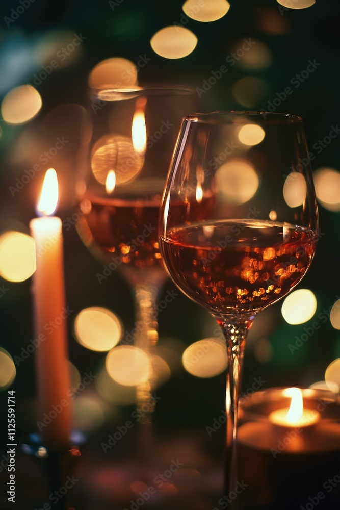 Two glasses of wine next to a lit candle Two glasses of wine next to a lit candle