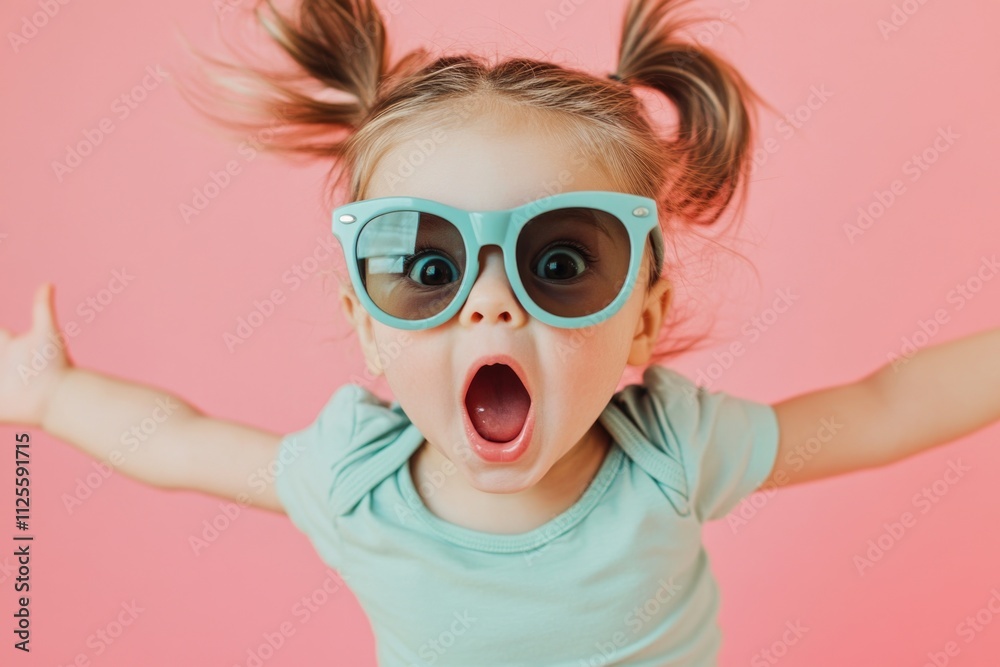 A young girl smiling and showing off her playful side with trendy sunglasses A young girl smiling and showing off her playful side with trendy sunglasses