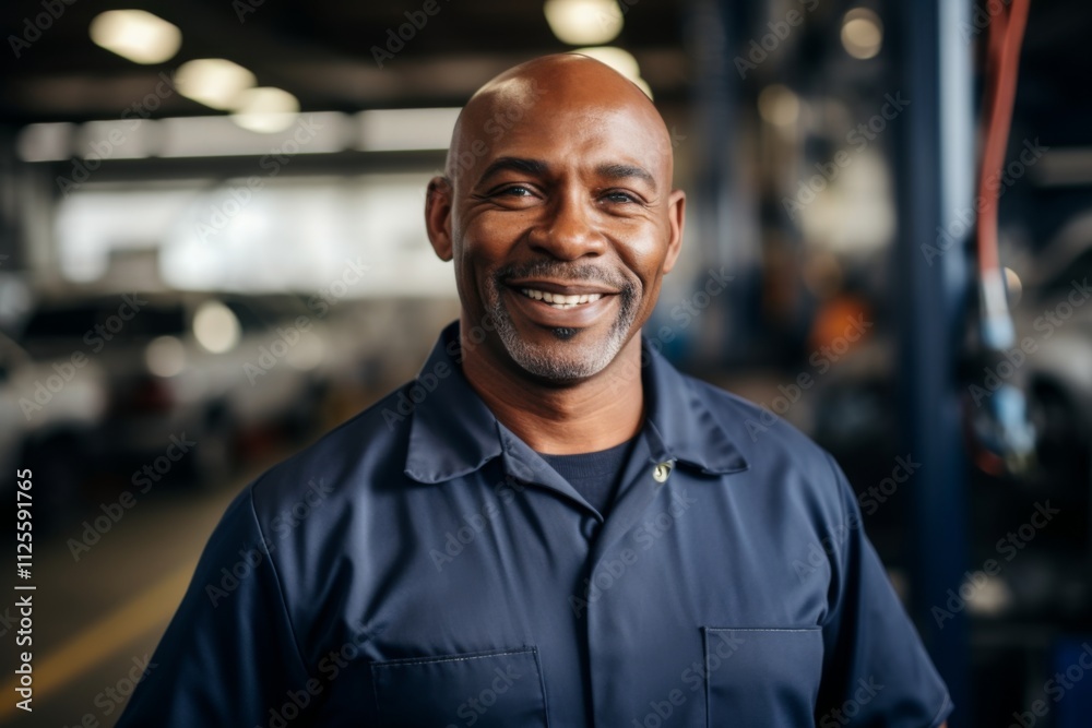 Portrait of a middle aged African American car mechanic in workshop Portrait of a middle aged African American car mechanic in workshop