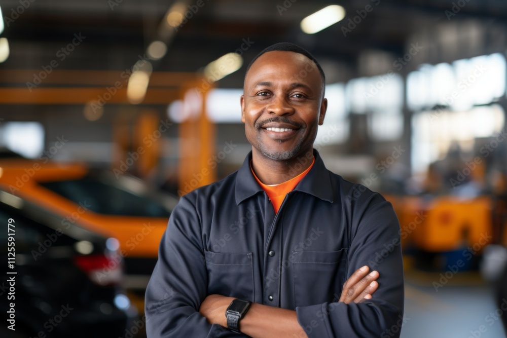 Portrait of a middle aged African American car mechanic in workshop Portrait of a middle aged African American car mechanic in workshop