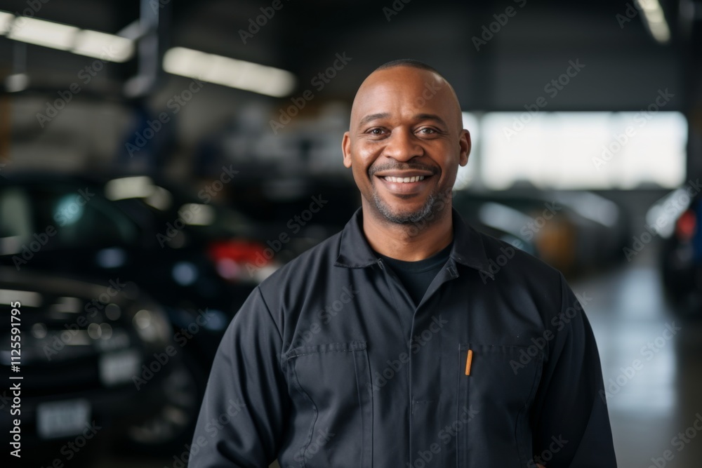 Portrait of a middle aged African American car mechanic in workshop Portrait of a middle aged African American car mechanic in workshop