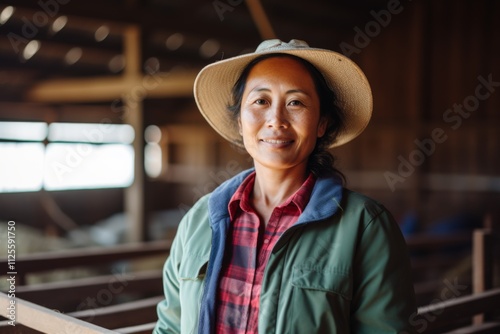 Portrait of a smiling middle aged Asian female farmer in stable