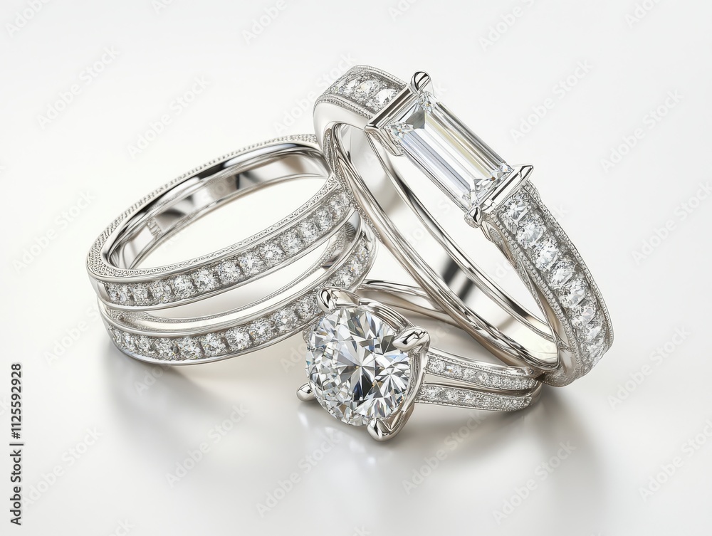 Stunning Collection of Elegant Silver and Diamond Engagement and Wedding Rings Displayed on a Soft White Background for Jewelry Lovers and Couples Stunning Collection of Elegant Silver and Diamond Engagement and Wedding Rings Displayed on a Soft White Background for Jewelry Lovers and Couples