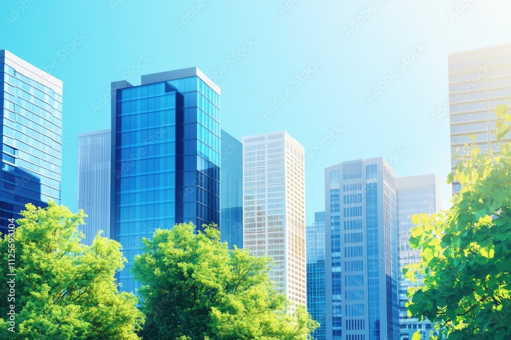 Obraz premium A city street with modern skyscrapers and bustling urban life