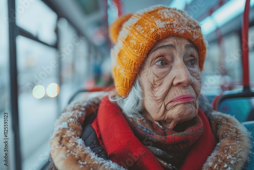 An elderly woman travels by bus while dressed in a warm hat and scarf