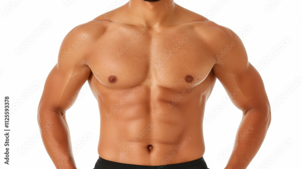 A strong and fit male figure stands tall, showcasing impressive muscle definition against a clean white backdrop. A strong and fit male figure stands tall, showcasing impressive muscle definition against a clean white backdrop.