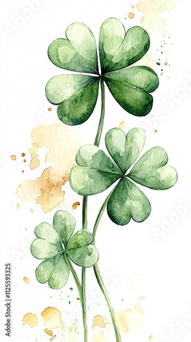 Illustration of clover leaves with soft green hues and splashes of earthy tones. 