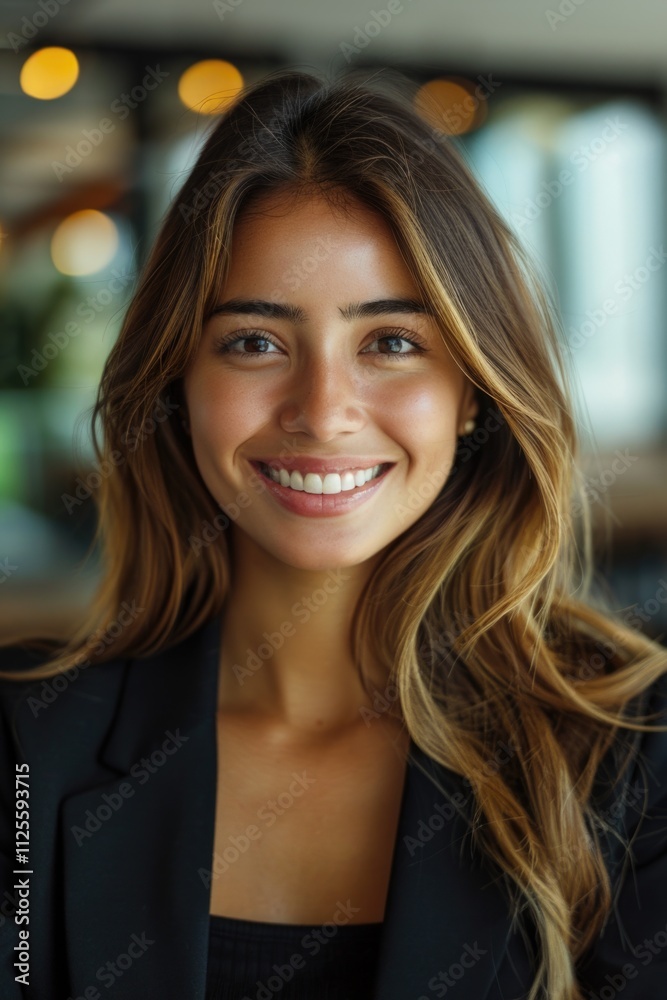 A woman with long hair and a blazer smiles directly into the camera, conveying confidence and friendliness A woman with long hair and a blazer smiles directly into the camera, conveying confidence and friendliness