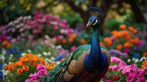 Majestic peacock amidst vibrant flowers.