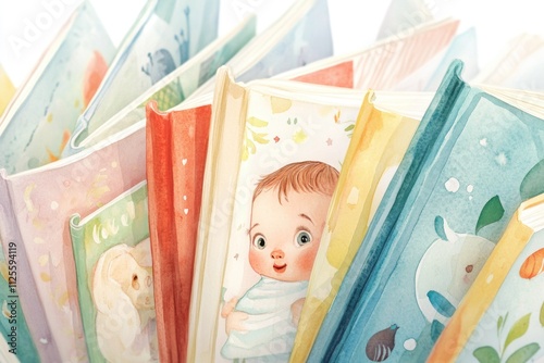 A close-up view of a baby's face peeking out from inside a book