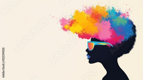 A vibrant illustration captures a senior woman with dementia, blending colorful art with emotional depth in a serene daytime scene.