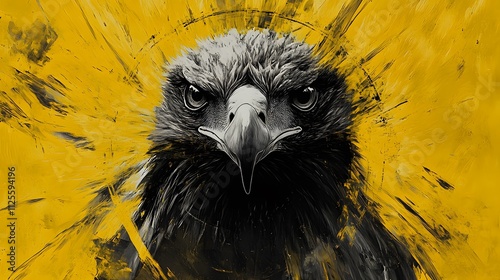 Artistic depiction of a bald eagle with splash paint effect, highlighting its fierce look with a textured yellow background photo