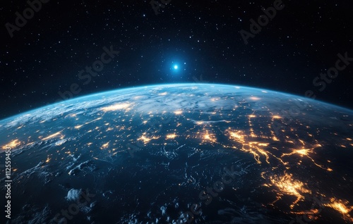 Stunning View of Earth from Space at Night with City Lights Illuminating the Surface and Stars Twinkling in the Background Against a Dark Cosmic Sky