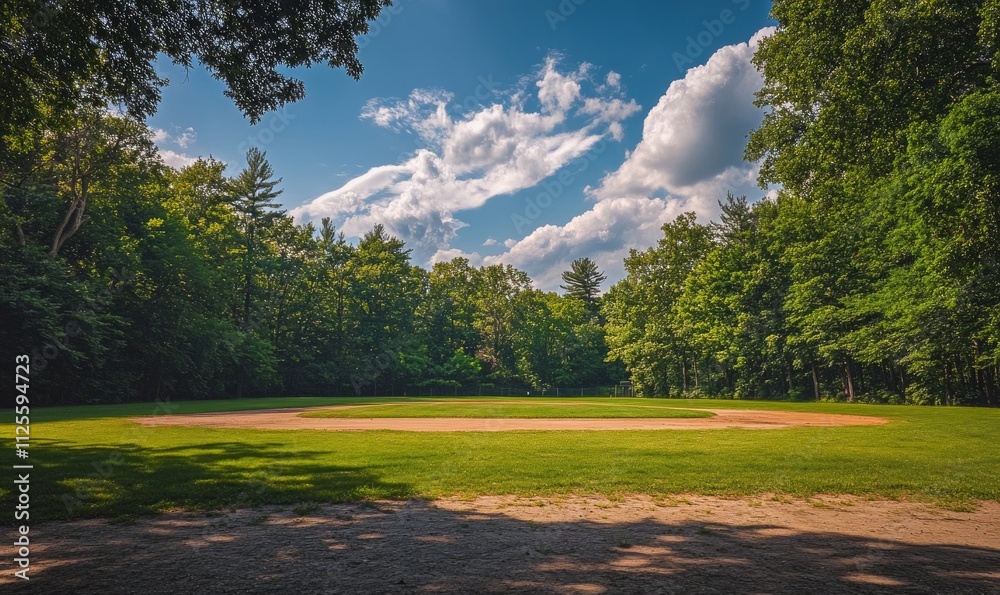 Sunny Day at a Vacant Baseball Field Surrounded by Trees Sunny Day at a Vacant Baseball Field Surrounded by Trees