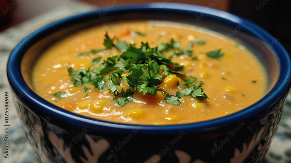 Sweet potato and corn chowder with cilantro. Sweet potato and corn chowder with cilantro.