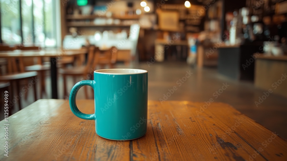 Teal Coffee Mug on Rustic Wooden Table with Blurred Coffeehouse Interior, Cozy Drink Concept Teal Coffee Mug on Rustic Wooden Table with Blurred Coffeehouse Interior, Cozy Drink Concept