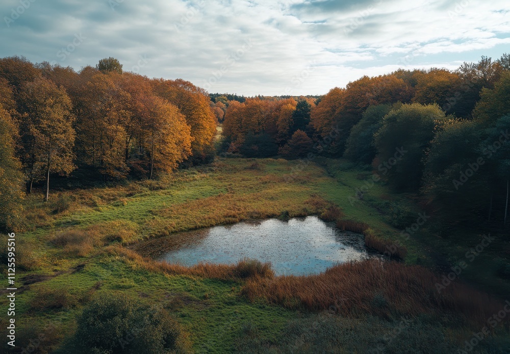 Tranquil Autumn Landscape with Colorful Trees Surrounding a Calm Pond in a Serene Nature Scene Captured from Above Under Partly Cloudy Sky Tranquil Autumn Landscape with Colorful Trees Surrounding a Calm Pond in a Serene Nature Scene Captured from Above Under Partly Cloudy Sky