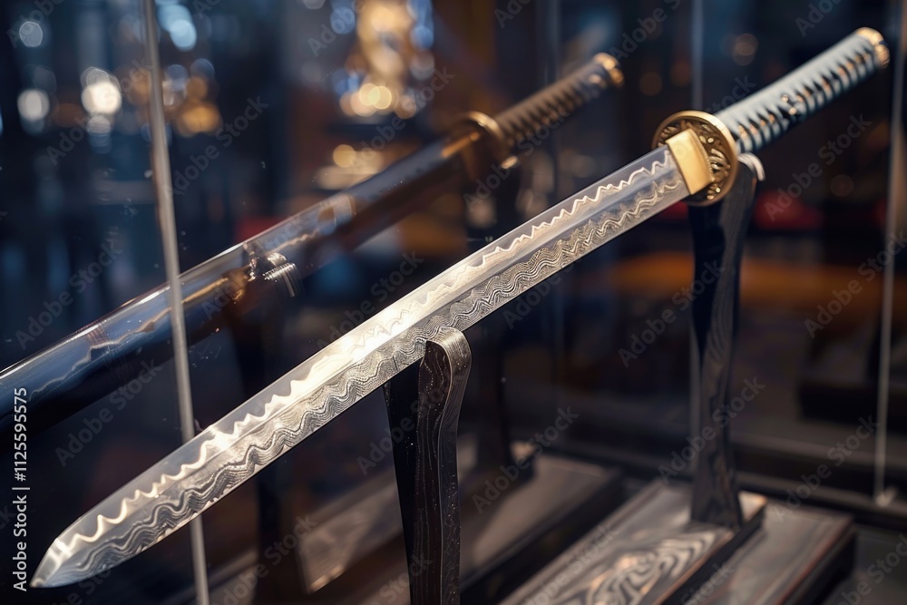 Close-up view of a knife exhibited in a glass case Close-up view of a knife exhibited in a glass case