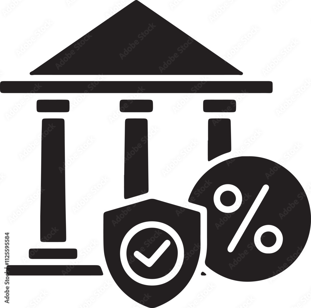 An illustration of an icon featuring a building symbolizing protection, with a discount symbol An illustration of an icon featuring a building symbolizing protection, with a discount symbol