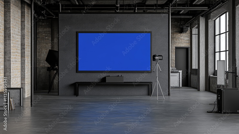 Modern Minimalist Studio with Large Blue Screen for Presentations Modern Minimalist Studio with Large Blue Screen for Presentations