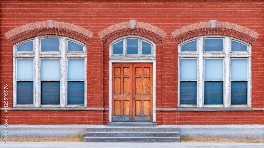 Fototapeta premium Historic Brick Building with Arched Windows and Wooden Doors