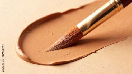 Close-up of a paintbrush with beige paint stroke on canvas, mocha mousse color photo