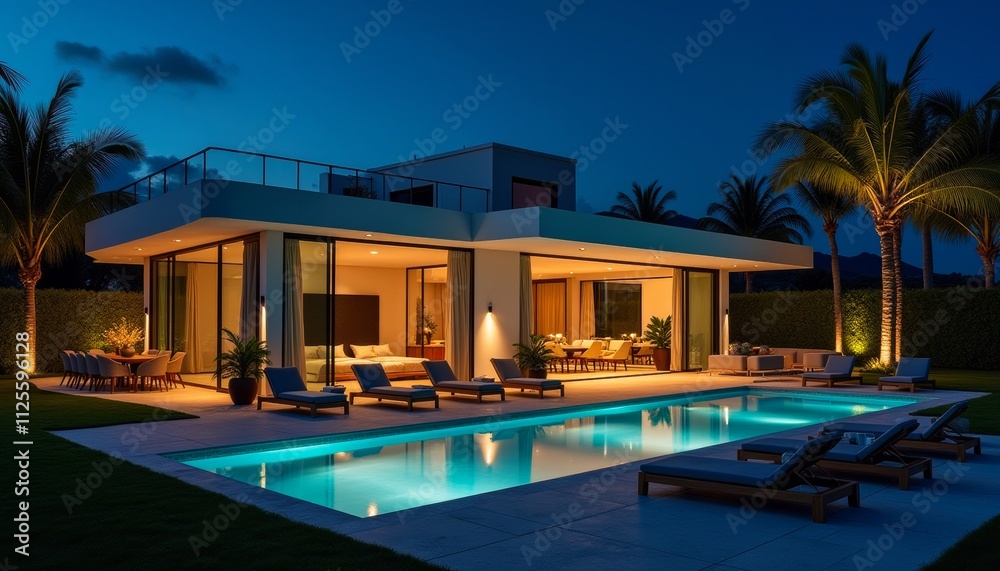 Fototapeta premium Luxury modern villa with illuminated swimming pool and palm trees at dusk, creating a serene and elegant atmosphere.