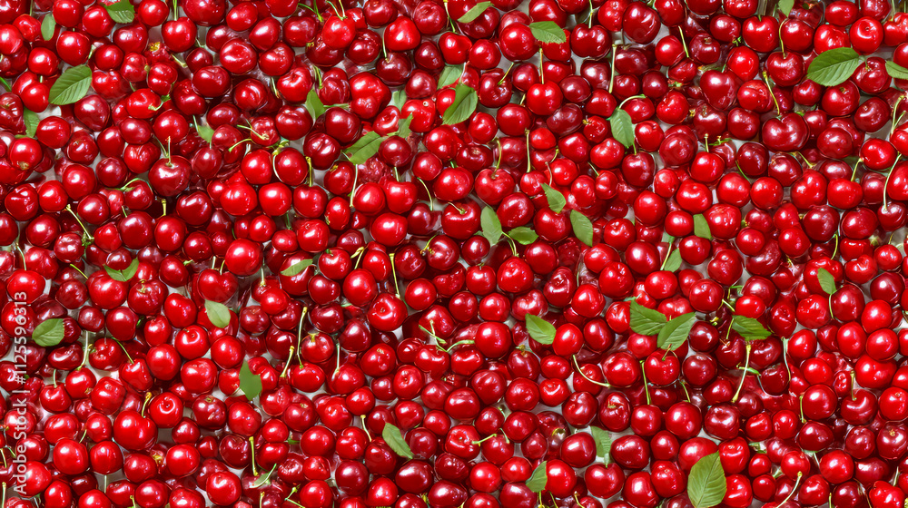 Vibrant fresh red cherries with green leaves background Vibrant fresh red cherries with green leaves background