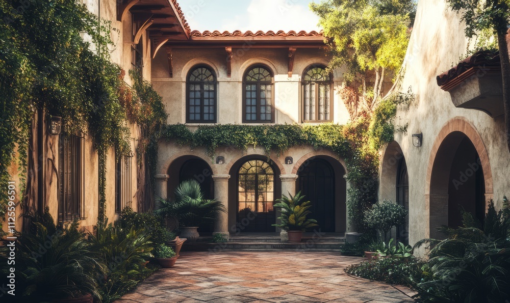 traditional Mediterranean villa with terracotta roof arched windows and a lush courtyard historical architecture traditional Mediterranean villa with terracotta roof arched windows and a lush courtyard historical architecture