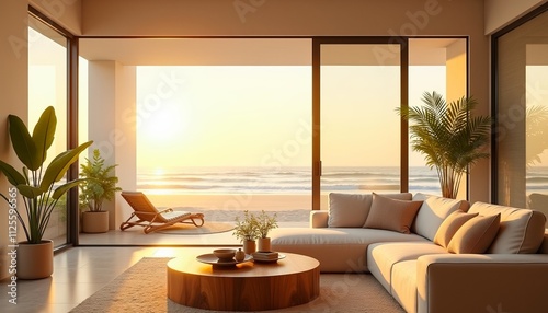 Modern beachfront living room with natural light and serene ocean views at sunset.
