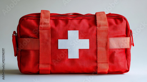 Red first aid kit with white cross on neutral background photo