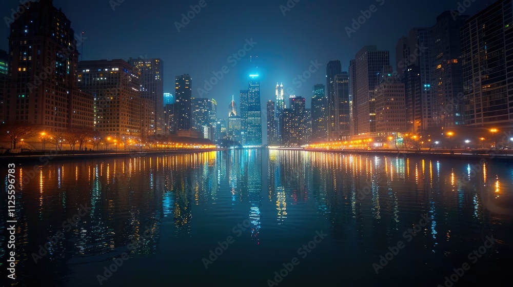 Night cityscape reflecting on calm water. Night cityscape reflecting on calm water.