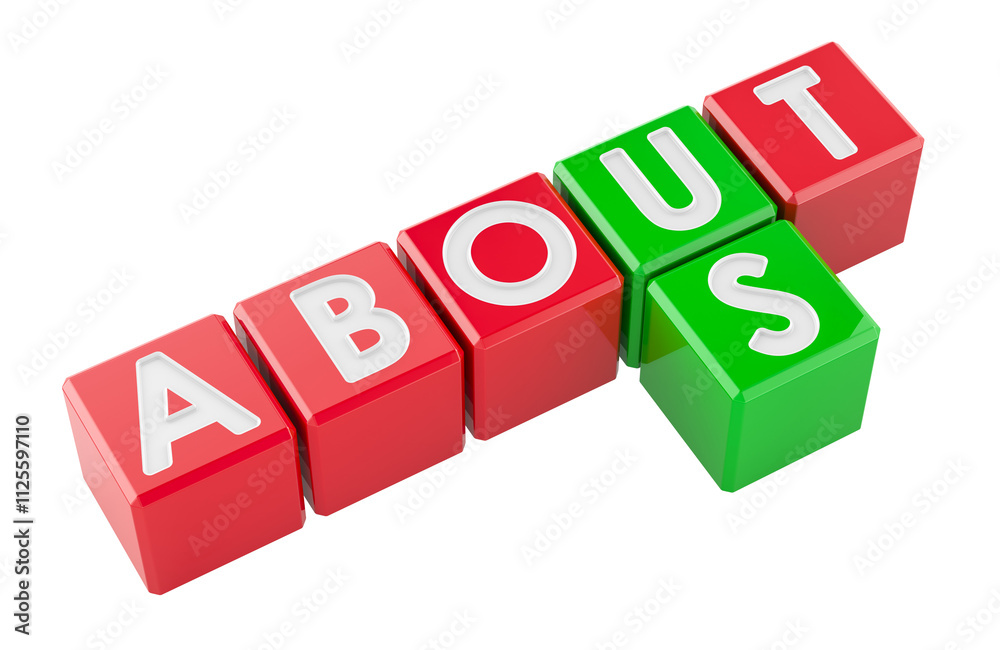 About Us, concept. About and us words crossed from colored cubes, 3D rendering isolated on transparent background About Us, concept. About and us words crossed from colored cubes, 3D rendering isolated on transparent background