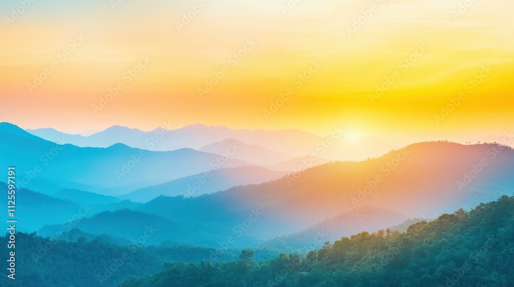 Obraz premium A vibrant sunset casts warm hues over a verdant valley, creating a stunning visual thats simply breathtaking.