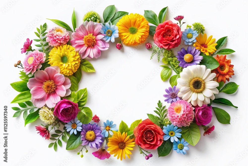 A charming floral round frame adorned with vibrant summer flowers and lush green leaves, perfect for greeting cards, posters, and stylish home decor accents. A charming floral round frame adorned with vibrant summer flowers and lush green leaves, perfect for greeting cards, posters, and stylish home decor accents.