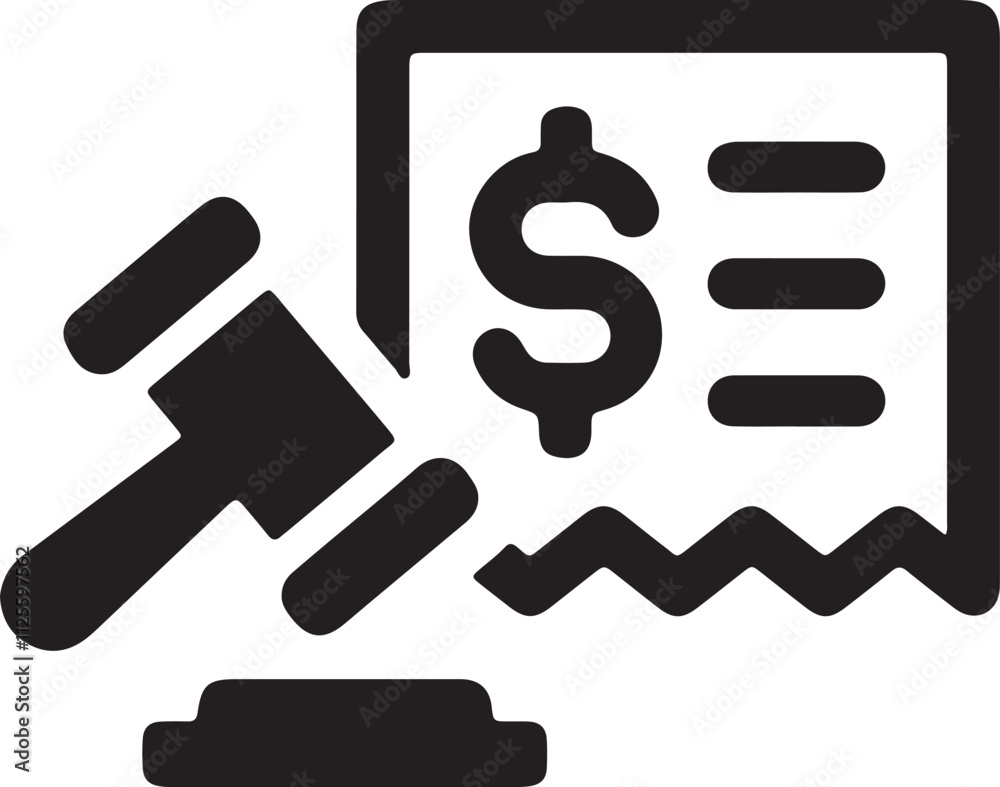 An illustration of an icon featuring a gavel striking, with a valuable document (such as a security) torn or ripped An illustration of an icon featuring a gavel striking, with a valuable document (such as a security) torn or ripped