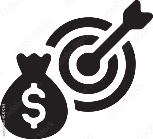 An illustration of an icon featuring a money bag full of coins, with an arrow piercing through a target board