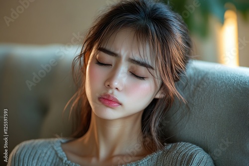 A woman sits comfortably on a couch with her eyes closed, possibly meditating or taking a nap