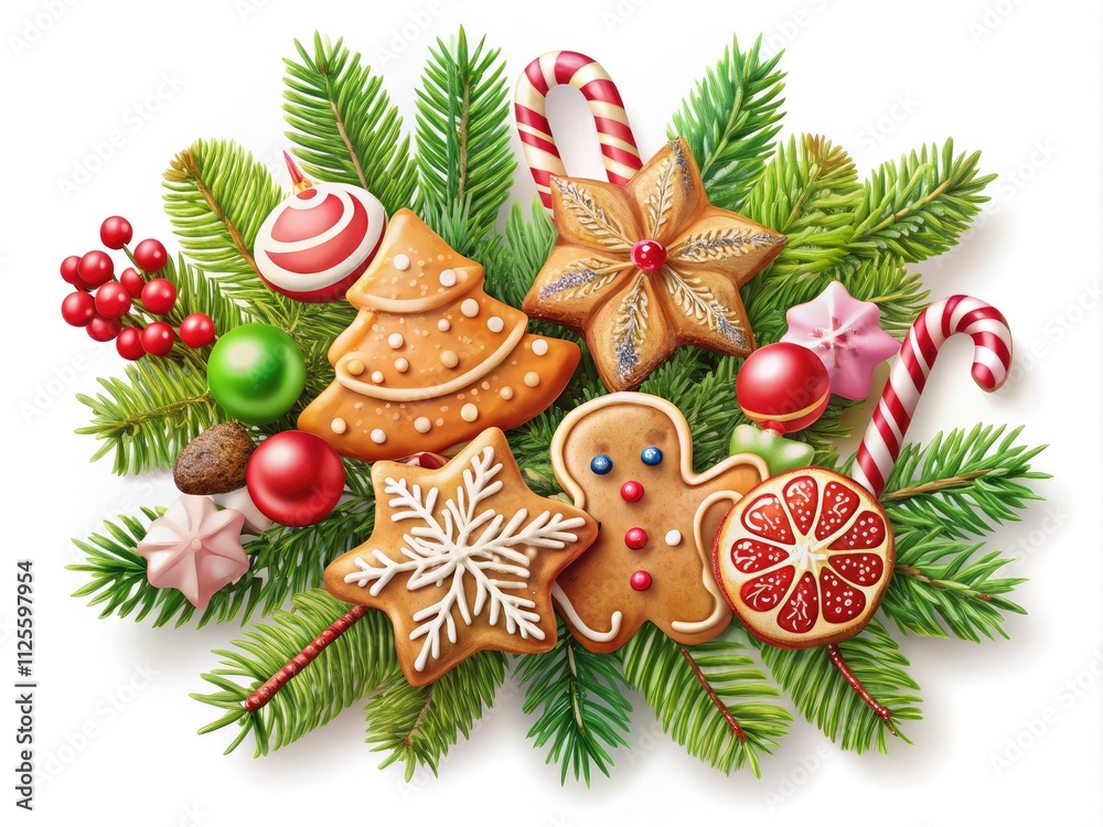 A charming vector design showcasing delightful cookies, sweets, and fir branches set against a crisp white background, perfect for spreading holiday cheer and seasonal greetings. A charming vector design showcasing delightful cookies, sweets, and fir branches set against a crisp white background, perfect for spreading holiday cheer and seasonal greetings.
