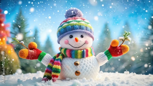 A charming snowman in cozy mittens, surrounded by soft snowflakes, perfect for winter wonderland-themed decorations and holiday festivities. Brighten your seasonal celebrations with this playful clipa photo