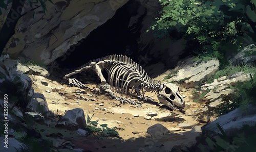 Under dirt and rocks, a dinosaur skeleton lies half buried in the ground. photo