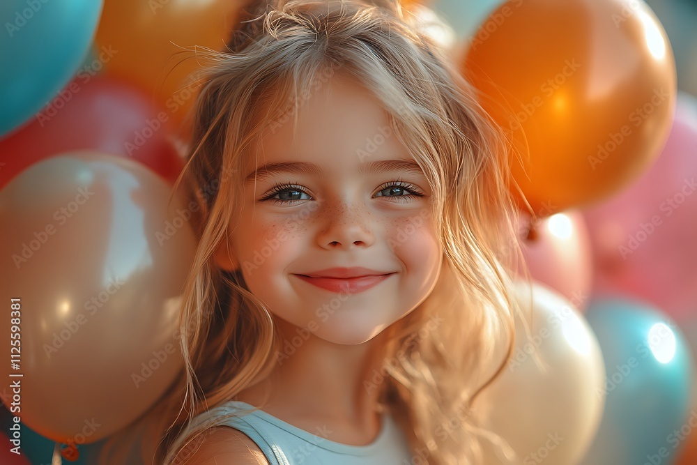 A joyful child smiles amidst colorful balloons, capturing a festive moment. A joyful child smiles amidst colorful balloons, capturing a festive moment.