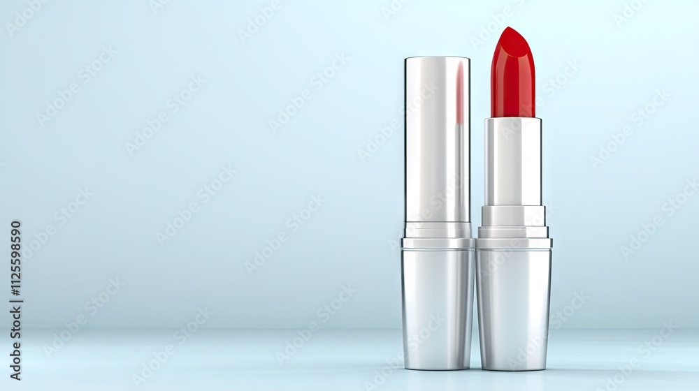 Red Lipstick in Silver Tube on Minimalist Background Red Lipstick in Silver Tube on Minimalist Background